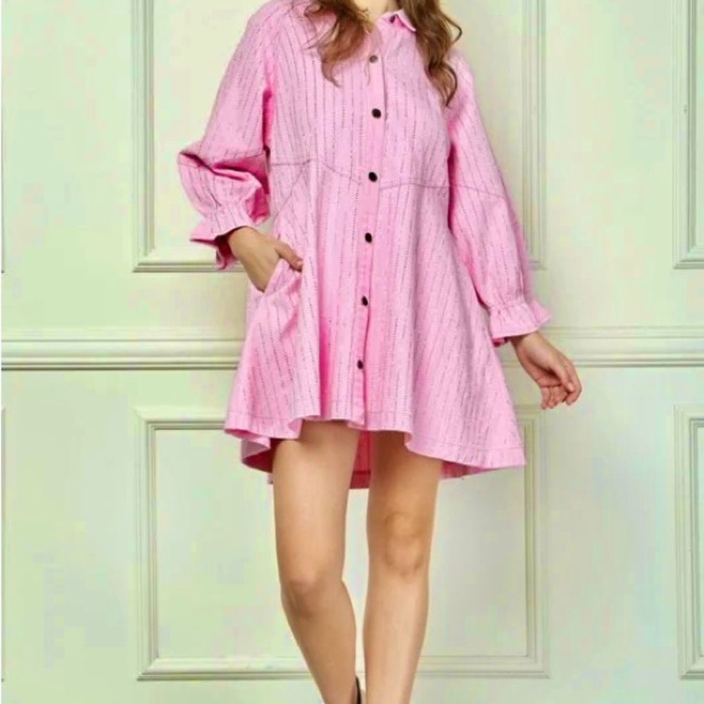 Pink Denim and Rhinestone Button-Up Dress